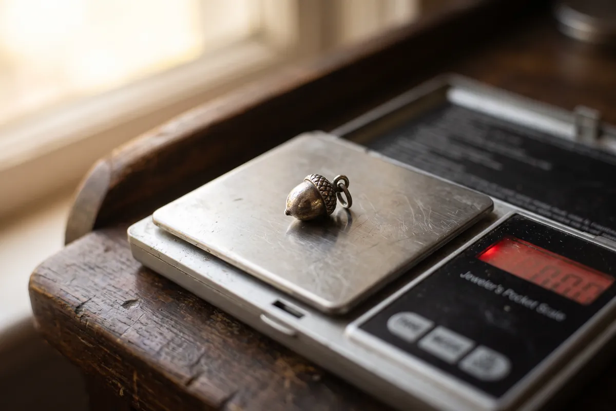 A small silver acorn charm on a jeweller's pocket scale