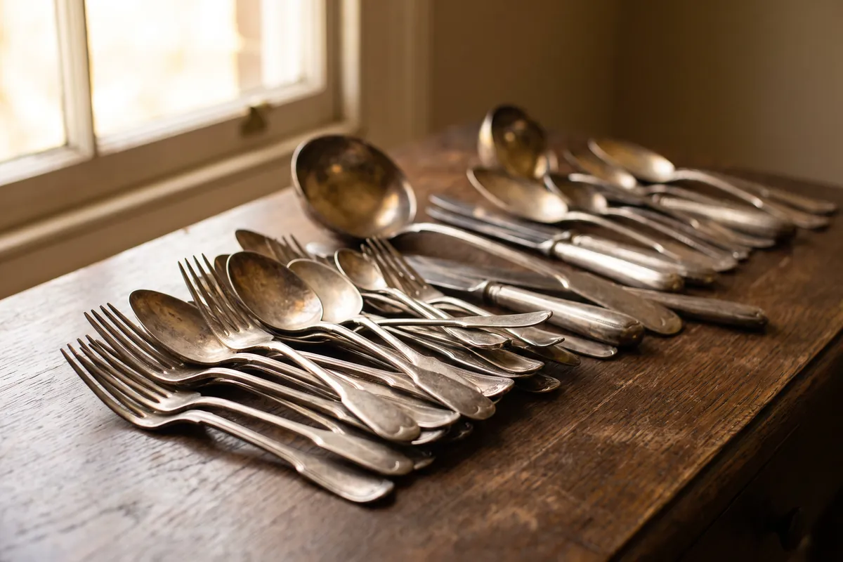 A pile of antique silver forks, spoons and serving pieces on an oak table