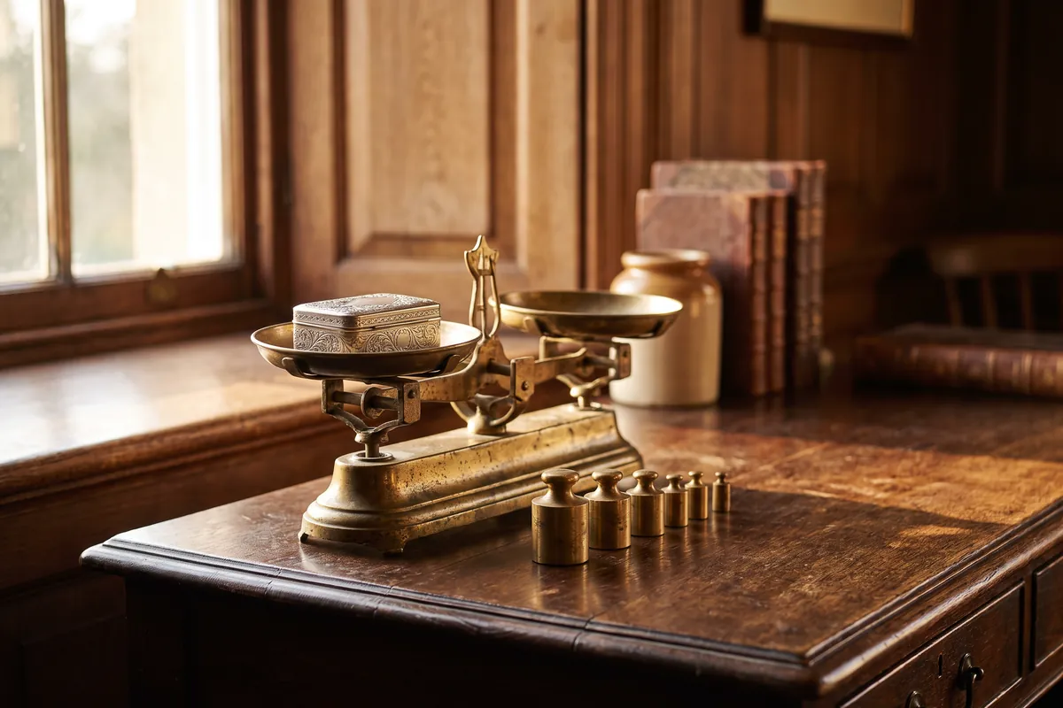 An antique brass balance scale with small weights and a silver snuff box in one pan