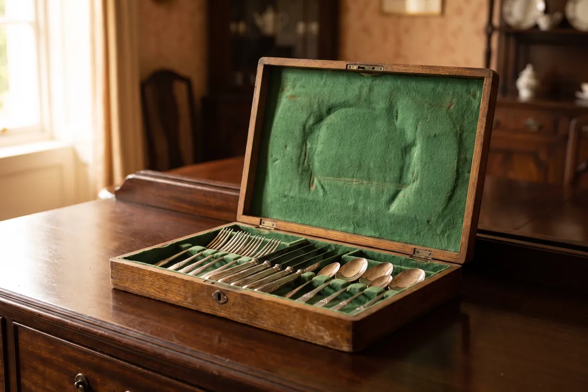 An antique oak canteen lined with green baize holding a set of silver cutlery