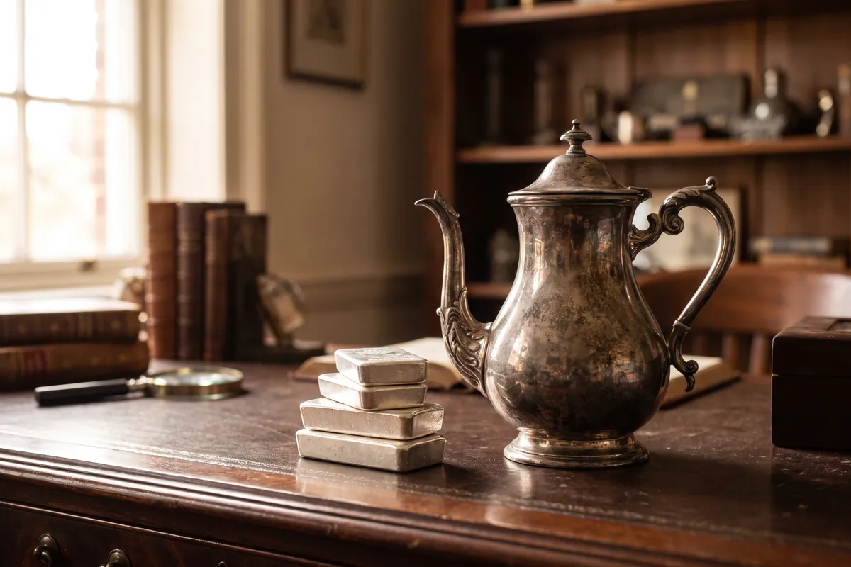 An antique Georgian silver coffee pot beside a small stack of plain silver bars