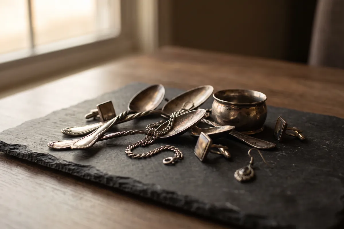 Broken and worn silver on slate: bent spoons, a snapped chain, cufflinks and a dented napkin ring