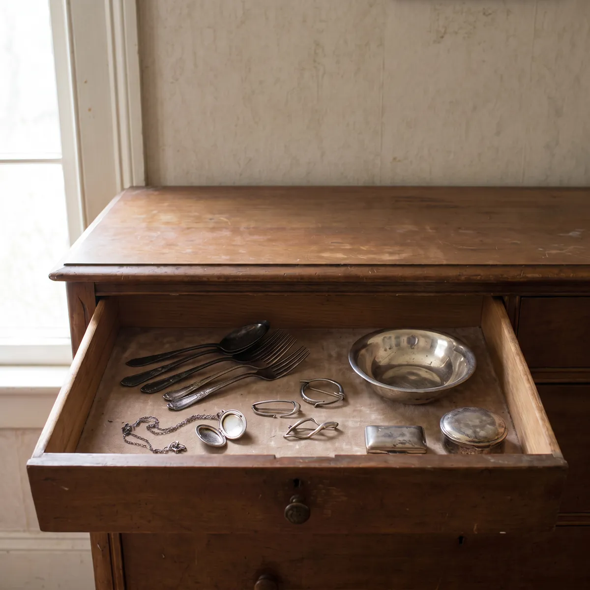 An open drawer of family silver: spoons and forks, a small bowl, napkin rings and a fine chain