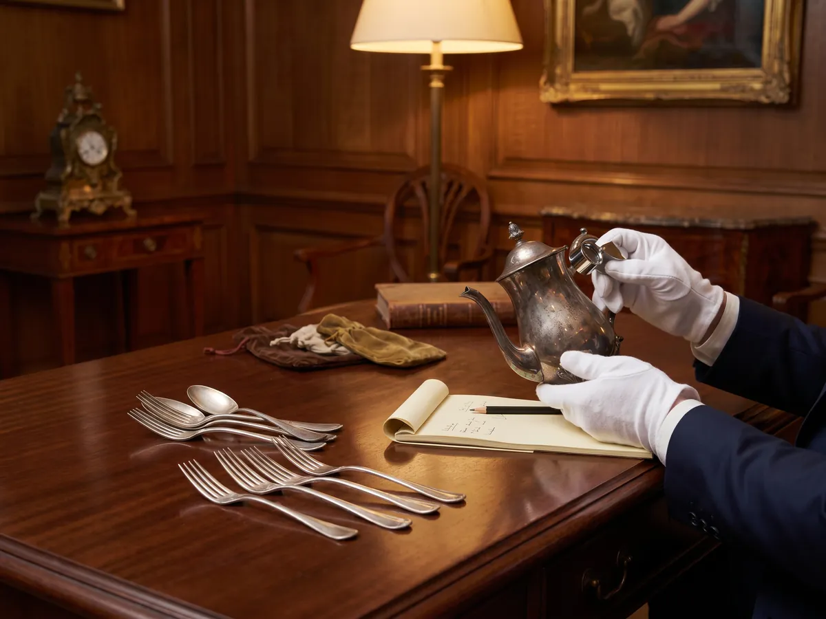 A specialist in white gloves turning a silver teapot to read its hallmarks