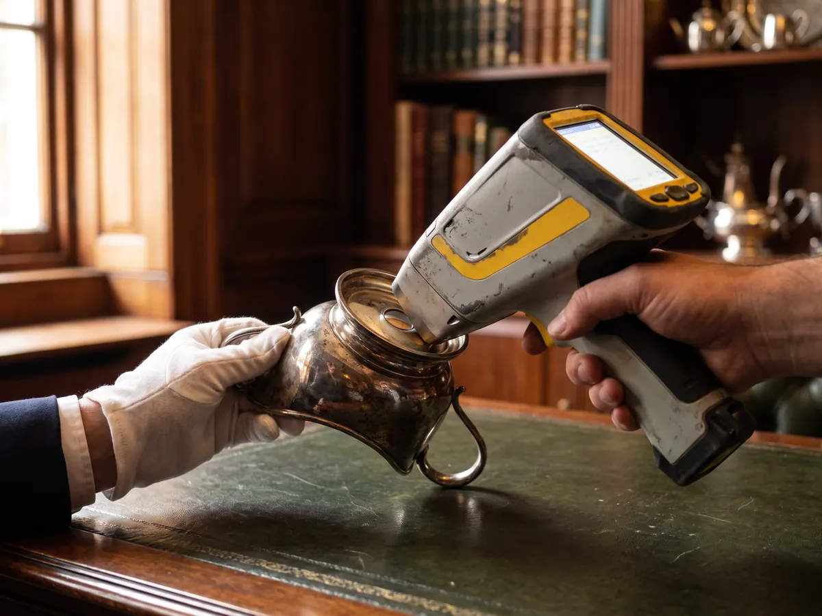 A handheld XRF analyser testing the silver content of a silver jug