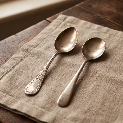 A decorated antique teaspoon beside a plain modern teaspoon on linen